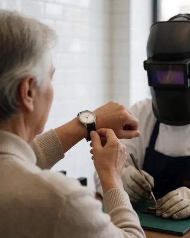 Une cliente souriante vérifie sa nouvelle montre dans un atelier de réparation, tandis qu'un professionnel casqué travaille en arrière-plan.