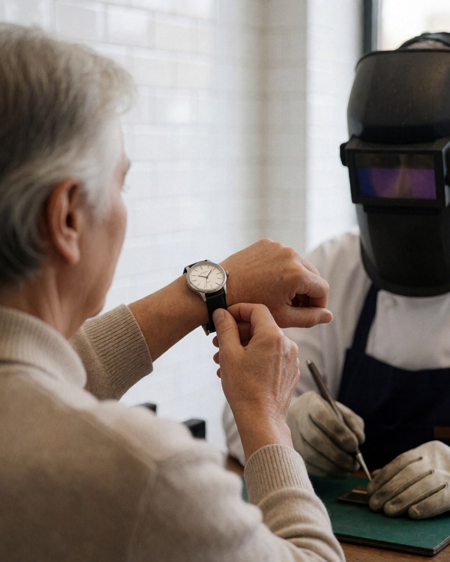Une cliente souriante vérifie sa nouvelle montre dans un atelier de réparation, tandis qu'un professionnel casqué travaille en arrière-plan.
