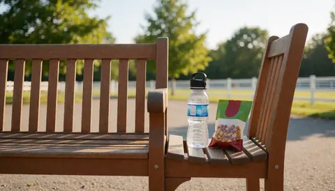Banc en bois dans une zone équestre avec une bouteille d'eau et un sachet de collation, idéal pour la pause des cavaliers.