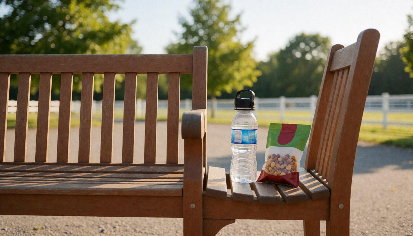 Banc en bois dans une zone équestre avec une bouteille d'eau et un sachet de collation, idéal pour la pause des cavaliers.