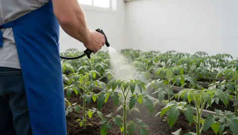 Un jardinier portant un tablier bleu vaporise de jeunes plants de tomates dans une serre aux murs blancs et à la lumière naturelle.