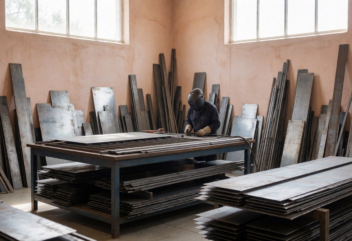 Un soudeur en casque de protection travaille sur une table de découpe, entouré de tôles et barres métalliques dans un atelier baigné de lumière naturelle.