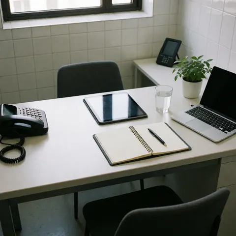 Bureau de travail équipé d'une tablette, d'un ordinateur portable, prêt pour une leçon d'espagnol dans un environnement professionnel et ordonné.