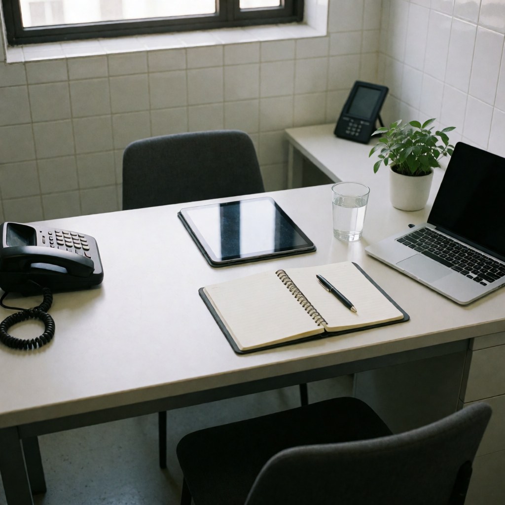 Bureau de travail équipé d'une tablette, d'un ordinateur portable, prêt pour une leçon d'espagnol dans un environnement professionnel et ordonné.