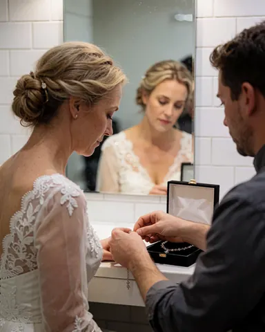 Un coordinateur d'événements ajuste le collier d'une mariée devant un miroir dans une salle de bain aux carreaux blancs, lors d'une préparation de mariage.