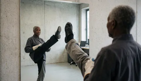 Un instructeur de danse adulte effectue un coup de pied haut face à un miroir dans un studio. Son reflet montre sa posture, des murs en béton et ses chaussures de danse.