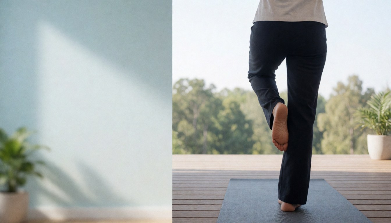 Une personne pratique le yoga en équilibre sur une natte posée sur une terrasse en bois, offrant une vue sur des arbres et la nature environnante.