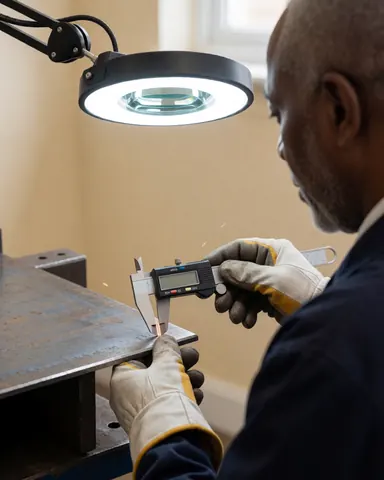 Un ouvrier en gants de sécurité mesure le bord d'une plaque d'acier avec un pied à coulisse numérique, des étincelles de soudure visibles en arrière-plan.