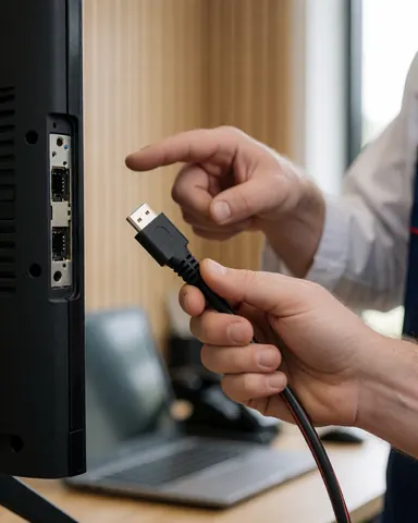Une main connecte un câble USB à l'arrière d'un téléviseur dans un atelier aux murs en bois clair et à la lumière naturelle pour une réparation.