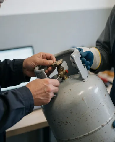 Un technicien et un client examinant la vanne d'un réservoir de gaz LPG dans un atelier professionnel et propre, avec des gants et des outils de sécurité.