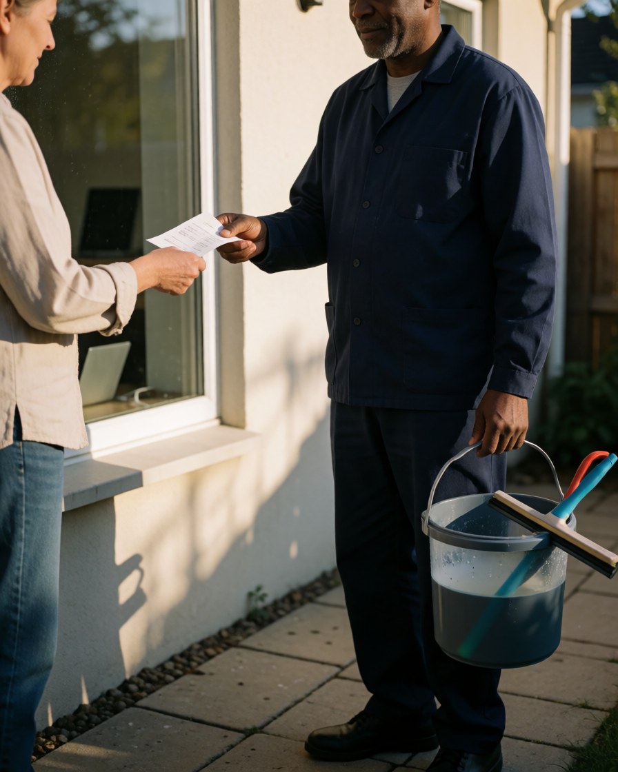 Un professionnel du nettoyage de vitres remet un reçu à son client devant une fenêtre propre, tenant un seau et une raclette sous la lumière du coucher de soleil.
