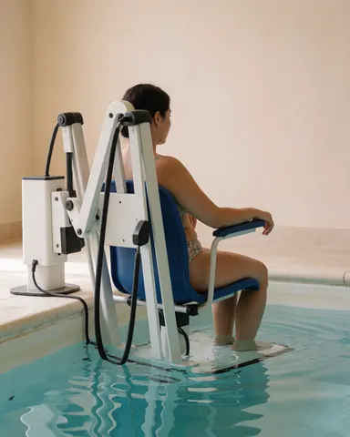 Personne utilisant un fauteuil hydrothérapie dans une piscine intérieure aux murs beige, idéale pour un coach de natation.