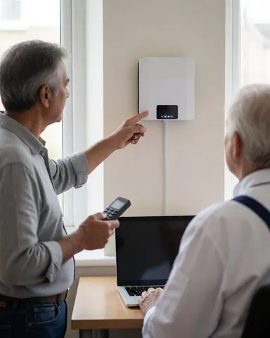 Un client satisfait pointe du doigt un amplificateur de signal fixé au mur, dans un intérieur moderne et bien éclairé.