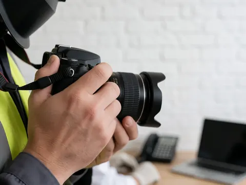 Main d'un photographe tenant un appareil photo avec objectif, portant un gilet de sécurité, devant un mur de briques blanches flou, équipement professionnel pour la photographie industrielle.