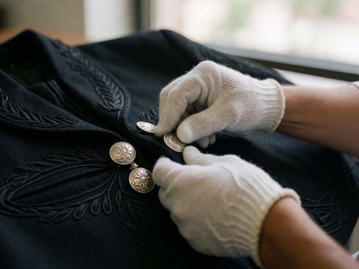 Des mains gantées de blanc polissent des boutons floraux argentés sur une cape noire brodée, éclairée par la lumière naturelle d'une fenêtre.
