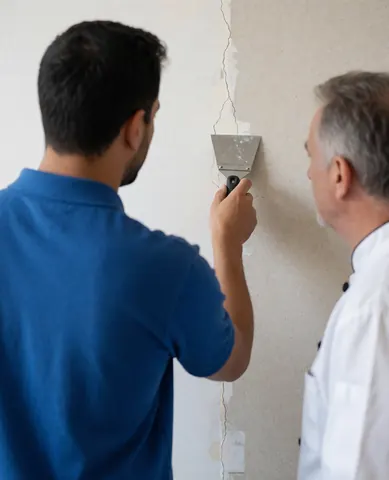 Un technicien indique une fissure sur un mur avec un outil pendant qu'un client observe attentivement la scène de réparation.
