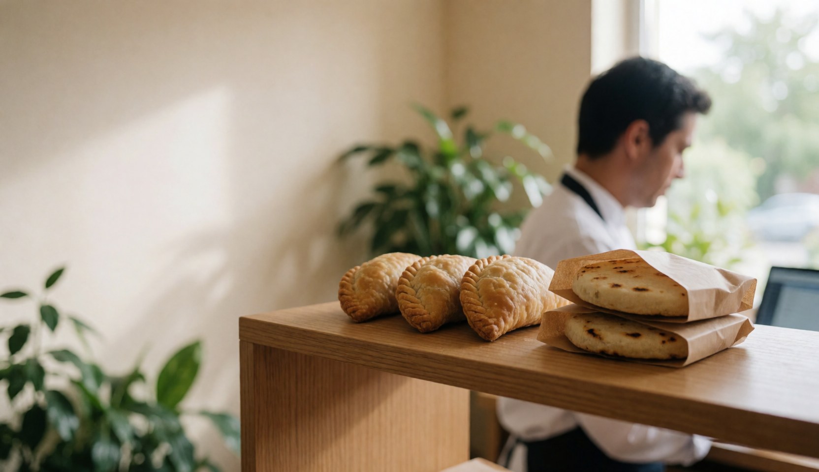 Empanadas et arepas disposés sur un comptoir en bois avec une lumière naturelle, un mur beige en arrière-plan et une plante, idéal pour un hostel ou une cafétéria.
