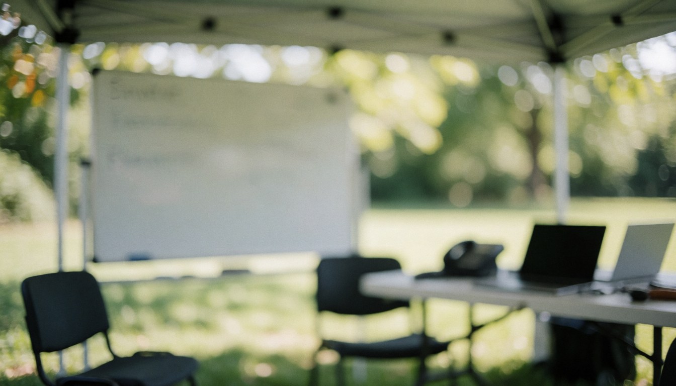 Scène professionnelle en extérieur avec tableau blanc, chaises et ordinateurs portables sur une table sous un auvent, idéal pour entraîneur de football.