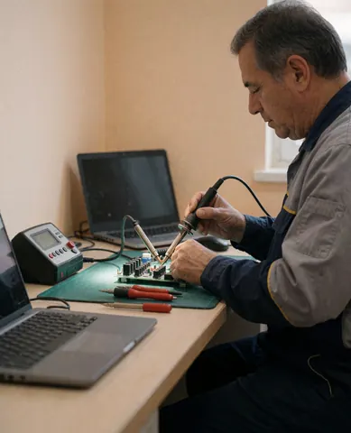 Un technicien répare une carte de circuit avec un fer à souder dans un atelier équipé d'un ordinateur portable et d'outils pour la réparation d'équipements électroniques.