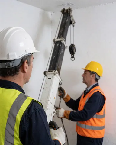 Deux travailleurs portant casques et gilets de sécurité opèrent une grue suspendue au plafond sur un mur blanc, illustrant le travail d'équipe sur un chantier.