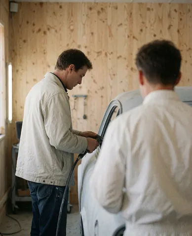 Un professionnel ponce une carrosserie apprêtée dans un atelier aux murs en bois tandis qu'un client observe le travail en cours.