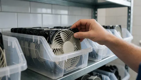 Main saisissant un ventilateur d'ordinateur dans une boîte transparente sur une étagère métallique, dans un atelier de réparation avec des murs carrelés blancs.