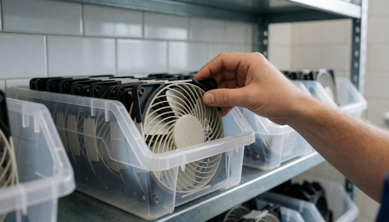Main saisissant un ventilateur d'ordinateur dans une boîte transparente sur une étagère métallique, dans un atelier de réparation avec des murs carrelés blancs.