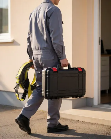 Un technicien en uniforme gris se dirige vers une maison beige, portant une mallette d'outils et une ceinture de sécurité, dans un cadre extérieur ensoleillé.