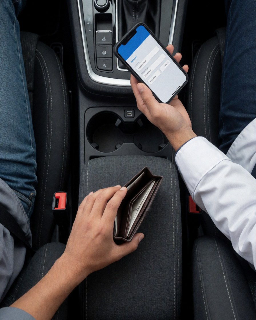 Vue rapprochée d'une main tenant un téléphone portable et un portefeuille ouvert sur la console centrale d'un véhicule, illustrant un paiement numérique.
