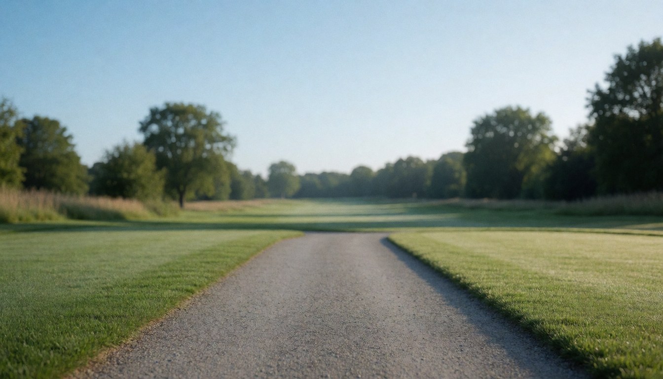 Chemin de gravier traversant un green tondé, avec des arbres en arrière-plan sous un ciel bleu clair, servant de fond neutre pour du texte.