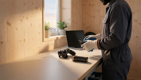 Technicien en tenue de travail réparant une batterie de console dans un atelier éclairé par la lumière du coucher de soleil, avec un contrôleur démonté sur une table.