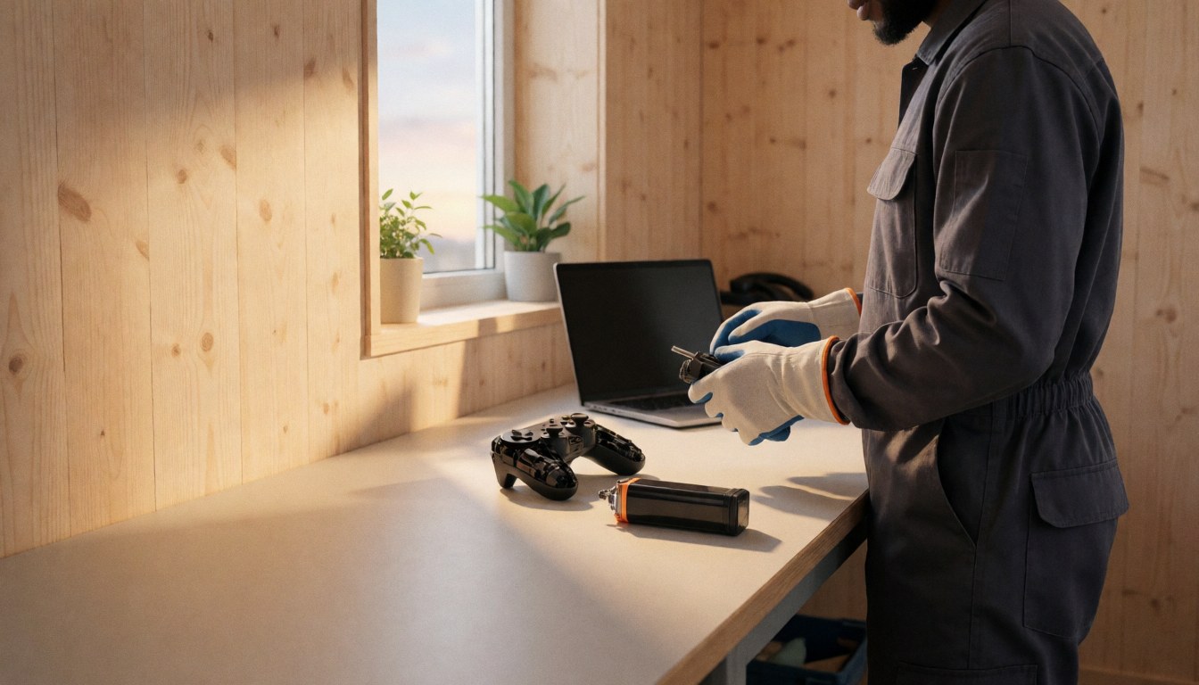 Technicien en tenue de travail réparant une batterie de console dans un atelier éclairé par la lumière du coucher de soleil, avec un contrôleur démonté sur une table.