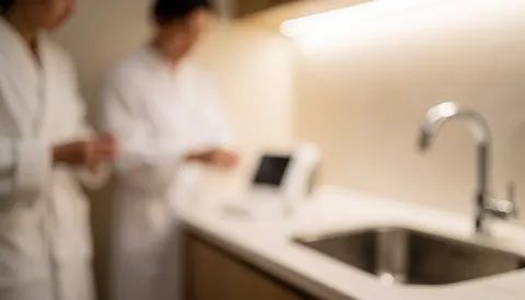 Fond de salle de bain moderne avec robinet en acier inoxydable et visages flous sur des serviettes blanches, idéal pour des textes sur le soin de la peau.