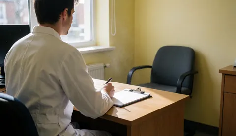 Un praticien en blouse blanche est assis à un bureau en bois, écrivant. Une chaise patient vide est visible devant lui, dans un bureau aux murs jaunes clairs, évoquant une clinique professionnelle.