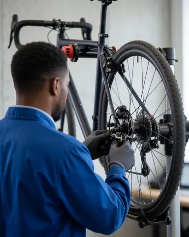 Mécanicien en uniforme bleu ajustant le dérailleur arrière d'un vélo dans un atelier aux murs de béton, portant des gants de protection.
