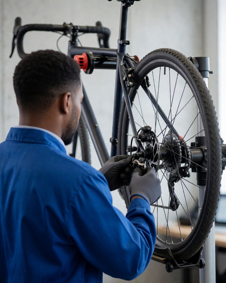 Mécanicien en uniforme bleu ajustant le dérailleur arrière d'un vélo dans un atelier aux murs de béton, portant des gants de protection.