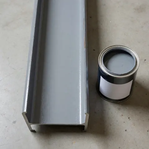 Profil métallique industriel peint en gris posé à côté d'une boîte de peinture sur un sol en béton, destiné à des projets de construction.