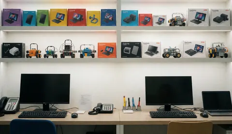 Des étagères remplies de robots et de boîtes de composants électroniques dans un atelier de robotique moderne avec des tables et des écrans.