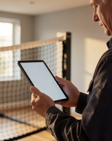 Un entraîneur de volley-ball adulte examine une tablette dans un gymnase avec un filet et des murs gris, éclairé par une lumière chaude venant d'une fenêtre.