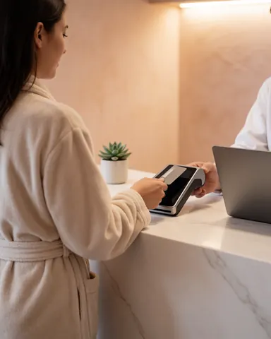 Une cliente paie avec sa carte sur un terminal de paiement à l'accueil d'un spa aux murs de terre cuite et au sol en marbre.