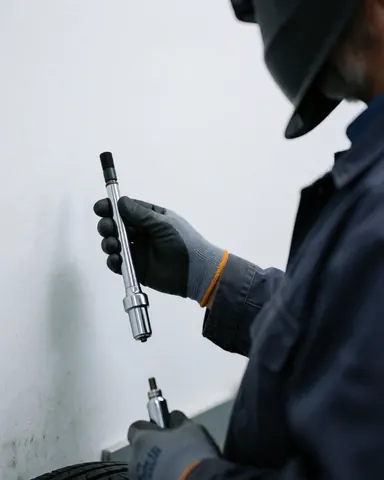Mécanicien ganté tenant une valve de pneu neuve devant un mur blanc avec des outils de réparation visibles dans un atelier de pneus