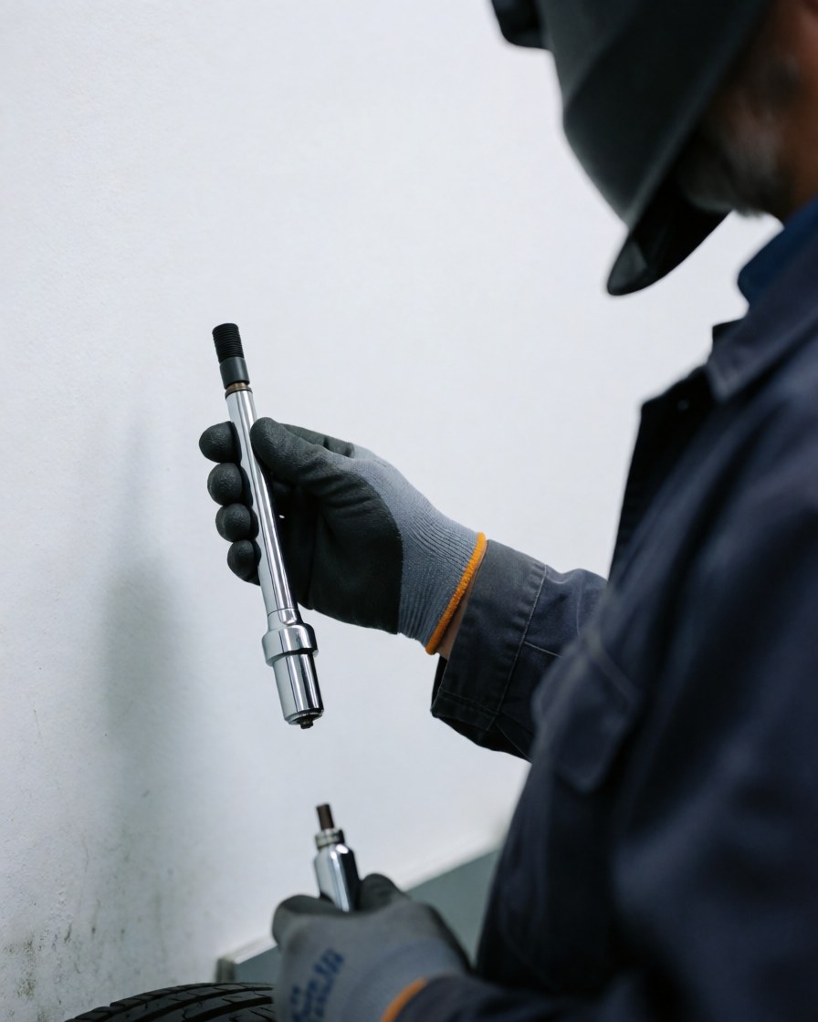 Mécanicien ganté tenant une valve de pneu neuve devant un mur blanc avec des outils de réparation visibles dans un atelier de pneus