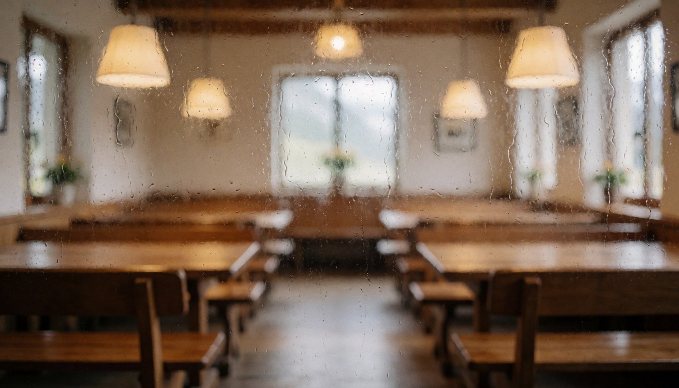 Vue à travers une fenêtre embuée par la pluie sur une salle à manger de montagne chaleureuse avec tables, tabourets et suspensions.
