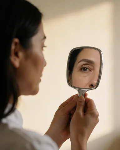 Une femme examine ses sourcils fraîchement traités à l'aide d'un petit miroir dans un studio aux tons chauds.