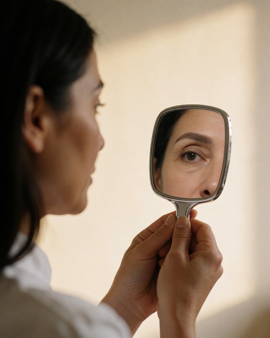 Une femme examine ses sourcils fraîchement traités à l'aide d'un petit miroir dans un studio aux tons chauds.