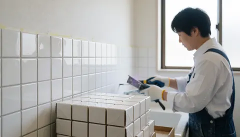 Un installateur de salles de bain pose des carreaux blancs brillants sur un mur, avec des boîtes de matériaux et de la lumière naturelle entrant par la fenêtre.