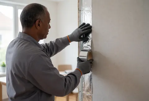 Un technicien applique du ruban d'aluminium sur une jonction d'isolation thermique dans un intérieur résidentiel éclairé par la lumière naturelle.