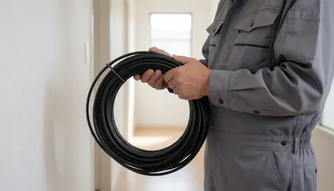 Un électricien en uniforme gris tient un rouleau de câble noir THHN dans un couloir résidentiel aux murs blancs et à la lumière naturelle.