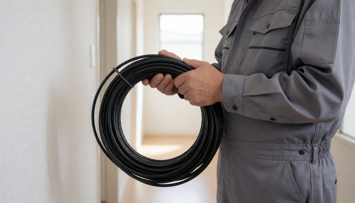 Un électricien en uniforme gris tient un rouleau de câble noir THHN dans un couloir résidentiel aux murs blancs et à la lumière naturelle.