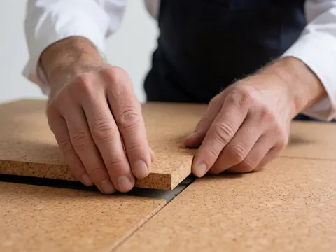 Les mains d'un installateur placent une dalle de liège sur une surface, révélant sa texture poreuse et le joint entre les dalles.